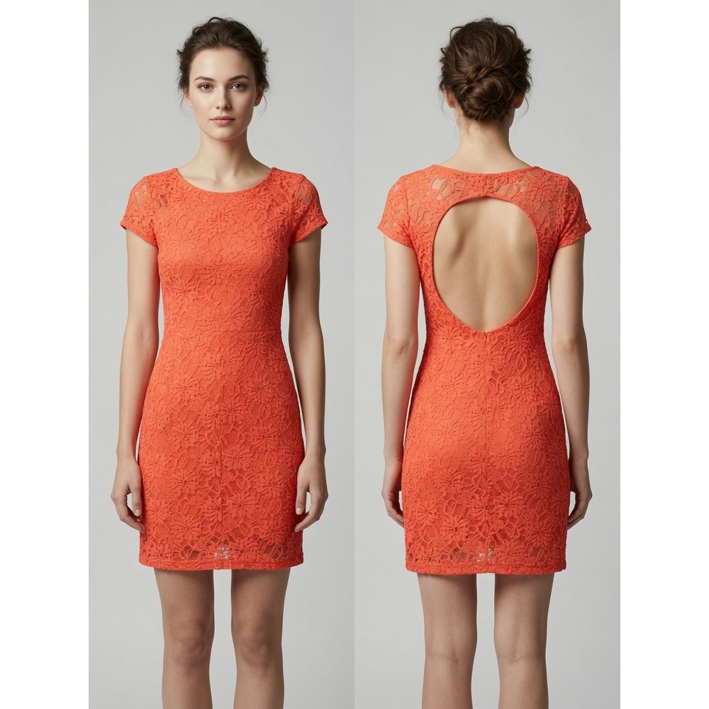 Lush Womens Floral Lace Bodycon Mini Dress Orange Red Open Back Short Sleeve